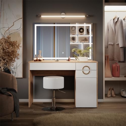 Vicco Schminktisch Adela, Weiß/Natural Rockford Hickory, mit LED-Spiegel & Hocker