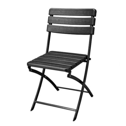 Perel Schwarzer klappbarer Stuhl mit Holzoptik-Sitzfläche und Rückenlehne, robustem Metallrahmen, Kunststoff, wetterfest, Klappstuhl für Garten, Balkon, Terrasse, Camping, max. 130 kg