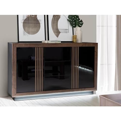 Forte SAVONA Sideboard mit 3 Schubladen und 2 Türen, Holzwerkstoff, Schwarz Hochglanz/Mud Eiche, B x H x T: 162,7 x 98,2 x 42,3 cm