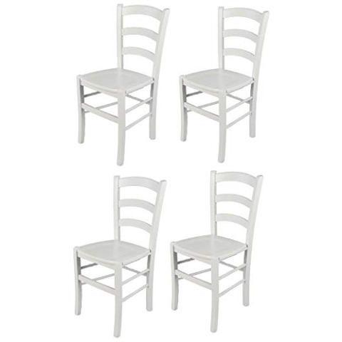t m c s Tommychairs - 4er Set Stühle Venezia für Küche und Esszimmer, Robuste Struktur aus lackiertem Buchenholz im Farbton Weiss (deckend) und Sitzfläche aus Holz