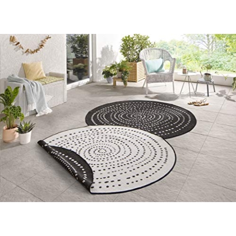 NORTHRUGS In- und Outdoor Teppich Bali Rund ⌀140cm - Wendeteppich Wetterfest Modernes Punkte Design Läufer für Balkon Terrasse Garten Wintergarten Wohnzimmerteppich Wasserfest in Schwarz Creme