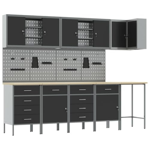 vidaXL Industrieller Werkstatt-Stauraum-Schrank 255 x 55 x 220 cm Stahl & Holzwerkstoff Verstellbare Füße Abschließbare Türen Multifunktionale Werkzeugorganisator Einheit für Garagenlösungen.