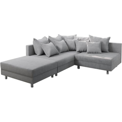 DELIFE Eckcouch Clovis Grau Flachgewebe mit Hocker Ottomane Links modular