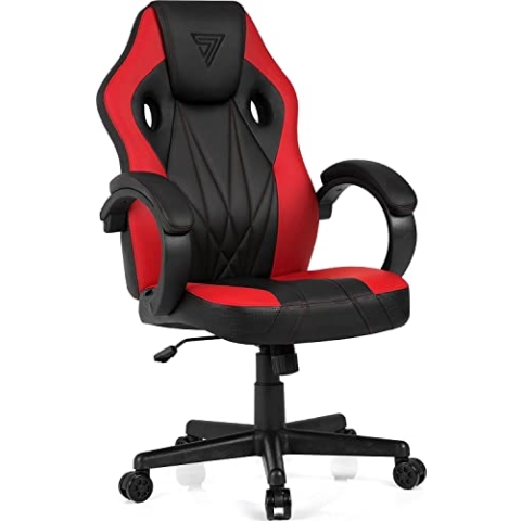 SENSE7 Gaming Stuhl Prism, ergonomischer Gaming Sessel, Gaming Chair mit Wippfunktion, Gepolsterte Armlehnen, PU-Leder Bürostuhl bis 120kg, PC Stuhl Schwarz-Rot