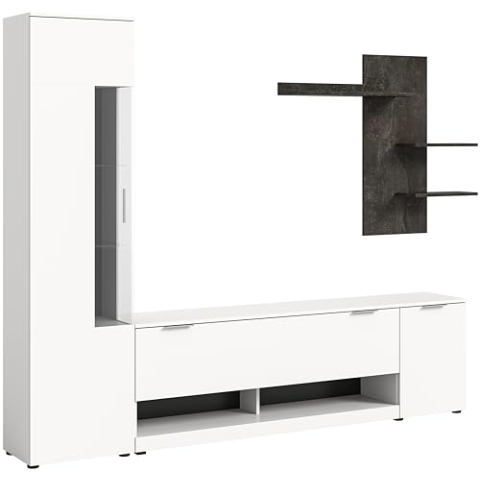 xonox.home Wohnzimmer Ben Wohnwand TV-Möbel Wohnkombination Wohnzimmermöbel Wohnzimmerschrank Möbelkombination Wohnzimmerset in weiß Absetzung Beton grau Nb., ca. 250x190x35 cm