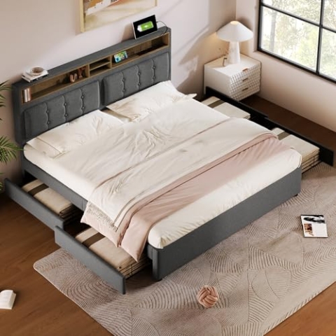 OKYION Polsterbett Stauraumbett 140x200cm Doppelbett mit Lattenrost und 4 Schubladen, USB und Typ-C Ladefunktion, Leinen(Ohne Matratze), Grau