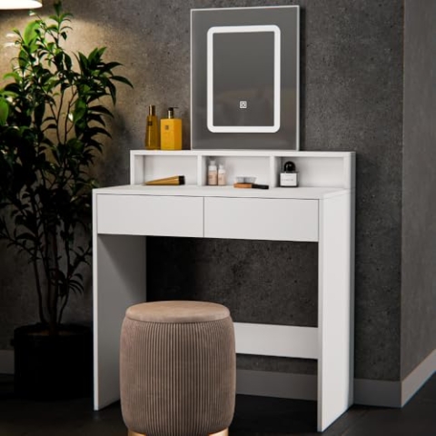 Organess Schminktisch mit Spiegel - Spiegel mit LED 3 Stufen - einstellbare Lichtstärke - weiß - 80x40x140