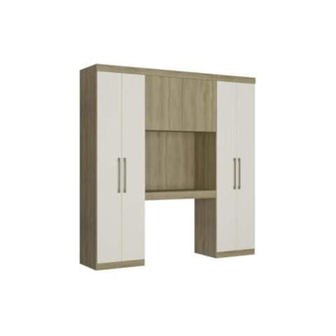 Vente-unique-Bettüberbau mit 6 Türen, Kleiderschrank & Stauraum - L. 200 cm - Eichefarben & Elfenbeinfarben - Antero II