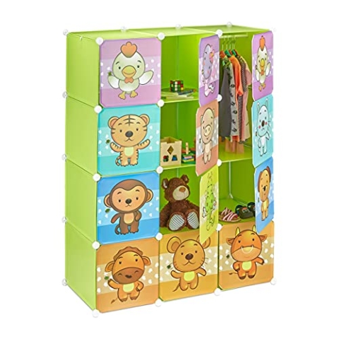 Relaxdays, grün Steckregal Kinderzimmer, süße Tiermotive, Türen, Kleiderstangen, Kunststoff Kleiderschrank HxB 145x110cm