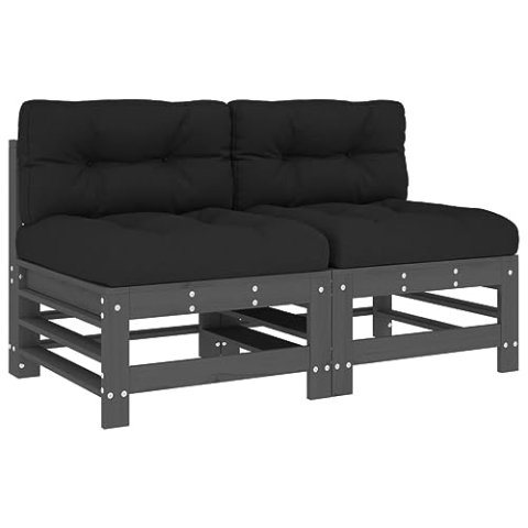vidaXL Mittelsofa 2 STK., Gartensofa mit Kissen Latten-Design, Modular Sofa Garnitur für Garten Terrasse, Gartenmöbel Sitzgruppe Loungemöbel, Grau Massivholz Kiefer