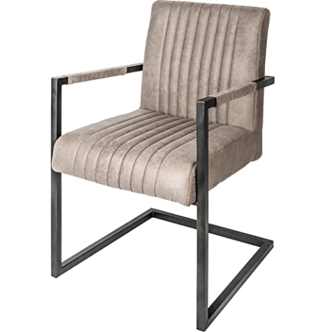 invicta INTERIOR Freischwinger Stuhl Big Aston Taupe mit gebürstetem Eisengestell hohes Sitzpolster Armlehne Roadster Esszimmerstuhl Konferenzstuhl