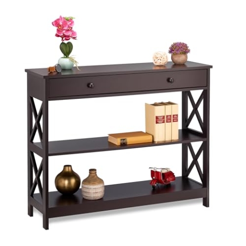Relaxdays Konsolentisch mit Schublade, 3 Ebenen, HBT 80 x 100 x 30 cm, schmal, Ablagetisch, Flur, Wohnzimmer, MDF, braun