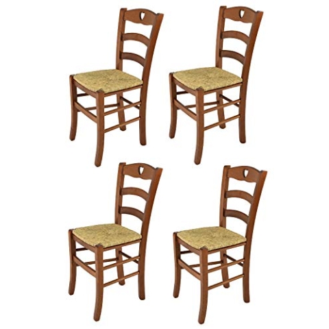 t m c s Tommychairs - 4er Set Stühle Cuore für Küche und Esszimmer, Robuste Struktur aus lackiertem Buchenholz im Farbton Helles Nussbraun lackiert und Sitzfläche aus Stroh