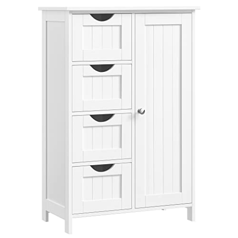 VASAGLE Badezimmerschrank, schmaler Badschrank, Beistellschrank, Kommode, mit 4 Schubladen, Schranktür, verstellbare Ablage, 30 x 55 x 82 cm, weiß LHC41W
