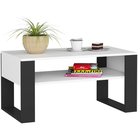 AKORD Couchtisch Holz DOMI mit einem Regal | 92x45x53cm | Für Wohnzimmer | Schlafzimmer Schrank | Minimalistisch Modernes Design | Schichtstoffplatte 16mm | Weiß + Schwarze Beine