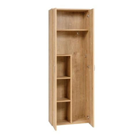 furni24 Holz Putzmittelschrank, Wäscheschrank aus Holz mit Türen, Kleiderschrank aus Holz, Garderobenschrank, Mehrzweckschrank, Schrank & Putzschrank, 2 Tür Mit Haken und 3 Regale, Eiche, 60x34x180cm
