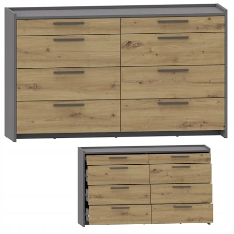 MATKAM Kommode ALTIVO 6SW2SN H80,6 x B134,4 x T35,9 cm, mit 6 Geräumigen Schubladen, Elegantes Design, Robuste Qualität aus Laminat (Anthrazit Grau-Artisan Eiche)