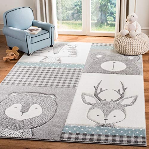 SAFAVIEH Zeitgenössische Teppich für Wohnzimmer, Esszimmer, Schlafzimmer - Carousel Kids Collection, Kurzer Flor, Grau und Elfenbein, 99 X 160 cm