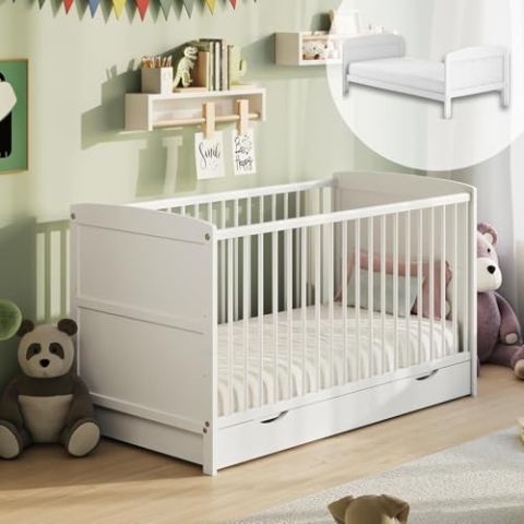 Kids Collective Babybett 60x120 umbaubar mit Schublade, Gitterbett, Kinderbett, höhenverstellbar & herausnehmbare Sprossen | weitere Größen: 70x140cm | 60x120cm: von Geburt bis 3. Lebensjahr, Weiß
