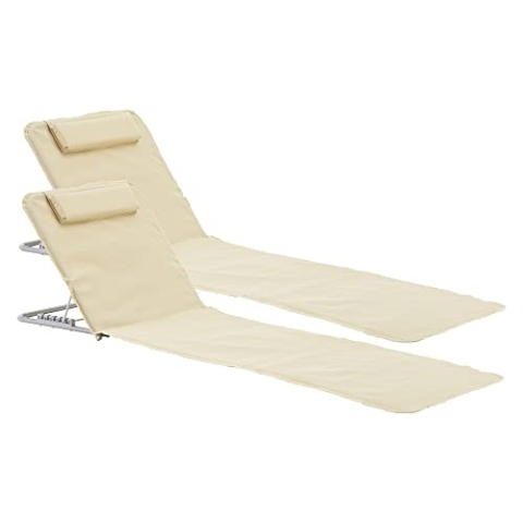 [en.casa] Strandmatte Cellorigo 2er Set Strandliege klappbar Beige Sonnenmatte mit 5-Fach Verstellbarer Rückenlehne Kissen Liegematte mit Tragetasche 160 x 49 cm