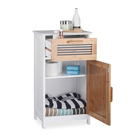 Relaxdays, HBT: 70x40x28,5cm, weiß Badschrank Schmal, Schublade, natürliche Optik, Höhenverstellbarer Einlegeboden, MDF, 70 x 40 x 28,5 cm