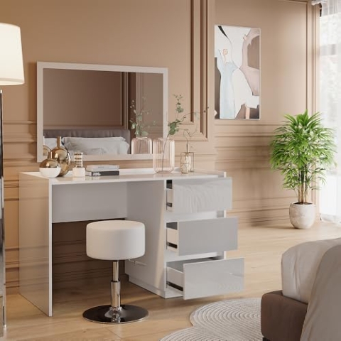 Vicco Schminktisch Marla, Kosmetiktisch mit Spiegel, Weiß Hochglanz, 120 cm mit Hocker