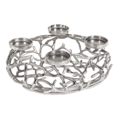 Riess Ambiente Eleganter Kerzenhalter Abstract Ø 38cm Silber Kranz aus Ästen für 4 Kerzen Adventskranz aus Aluminium Tischkranz für Stumpenkerzen