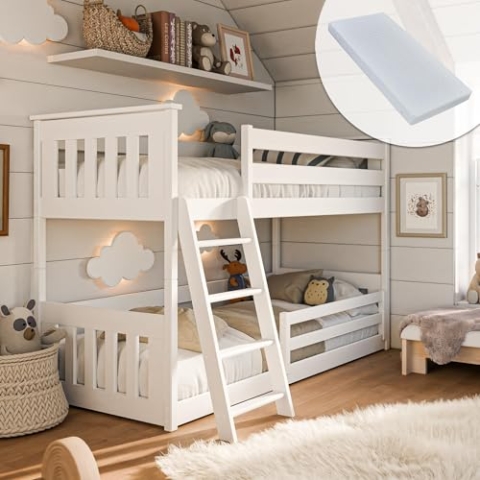 Kids Collective Hochbett 90x200 cm mit Zwei Matratzen, Rausfallschutz & Zwei Lattenroste in weiß Mädchen Jungen Bett Kinderbett Jugendbett 90x200 cm cm | von 4. bis 18. Lebensjahr