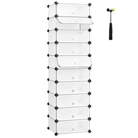 SONGMICS Schuhregal, DIY, Schuhschrank mit Tür, 10 Ebenen, aus PP-Kunststoff, Schuhablagen, mit Gummihammer und Umkippschutz, halbtransparent weiß, LPC10W
