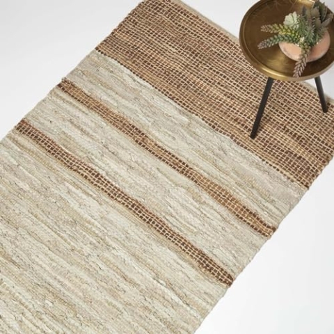 Homescapes Lederteppich braun beige gestreift 120x170 cm, Webteppich Braun-Töne aus Recycling-Leder & Jute