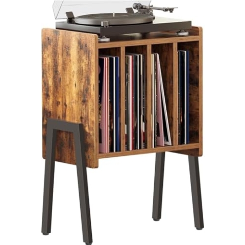 ACAZA Vinylmöbel Plattenspielertisch – Ständer für Plattenspieler und Schallplatten mit 4 Fächern – 66 x 40 x 30cm – Holz und Metall – Vintage Braun