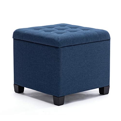 HNNHOME Sitzhocker mit Stauraum, Sitzwürfel mit Deckel, Sitztruhe, Fußbank Truhen Aufbewahrungsbox, Leinen, 44 L, 45 x 45 x 41 cm, Marineblau