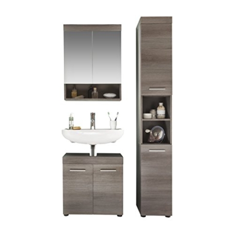 trendteam smart living - Runner - Badmöbel-Set (Hochschrank + Waschbeckenunterschrank + Spiegelschrank) - Rauchsilber - (BxHxT) 103 x 190 x 31 cm - 5 verstellbare Einlegeböden - Kratzfest