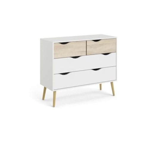 Kommode mit 4 Schubladen Weiß / Eiche Ausgestellter Massivholzsockel 98,7 x 39,1 x 81,7 cm TVILUM