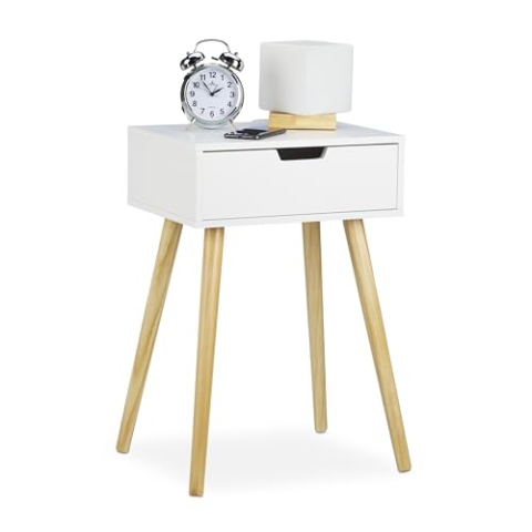 Relaxdays Nachttisch weiß, modernes & skandinavisches Design, 1 Schublade, für Boxspringbett, HBT 60x40x30cm, weiß/Natur