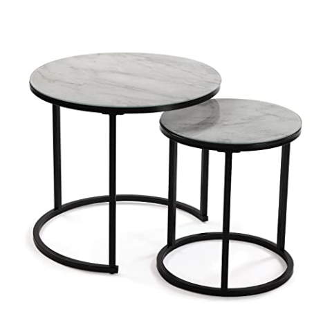 Versa Eiffelton Beistelltisch für das Wohnzimmer, Schlafzimmer oder die Küche. Moderner, niedriger Tisch, Satz von 2, Maßnahmen (H x L x B) 45 x 50 x 50 cm, Glas und Metall, Farbe: Weiß und Schwarz