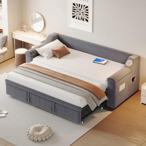 Polsterbett Schlafsofa, 90/180x190 cm Ausziehfunktion Doppelbett Funktionsbett mit Bluetooth Stereo & USB Ladeanschluss, Sofabett Gästebett mit Lattenrost für Wohnzimmer Gästezimmer, Samt, Grau