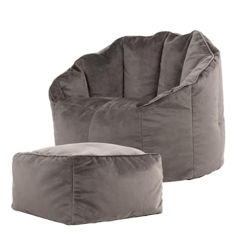 Icon Sirena Sitzsack Sessel mit Hocker für Erwachsene, Dunkelgrau, Flauschiger Samtstoff, Riesen Sitzsack Samt mit Füllung, Bean Bag Chair, Bequemer Sessel Wohnzimmer, Lounge, Schlafzimmer, Büro