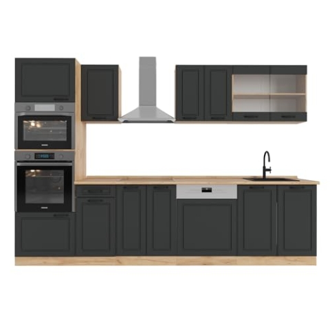 Vicco Küchenzeile R-Line, Anthrazit Landhaus/Goldkraft Eiche, 300 cm mit Hochschrank, AP Eiche