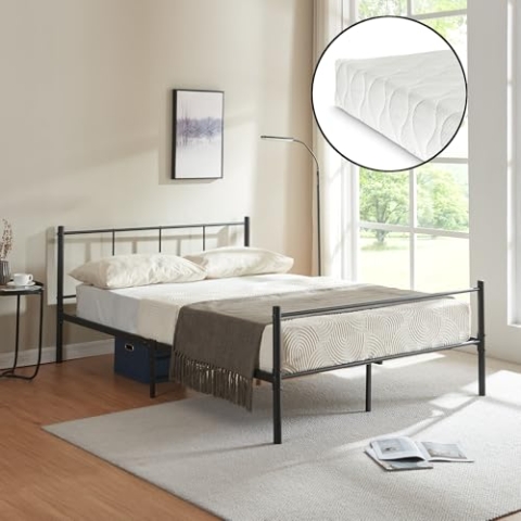 [en.casa] Metallbett mit Matratze Laos Stahlbett Gästebett Schlafzimmerbett Stahlramen mit Kaltschaummatratze 140x200 cm Schwarz