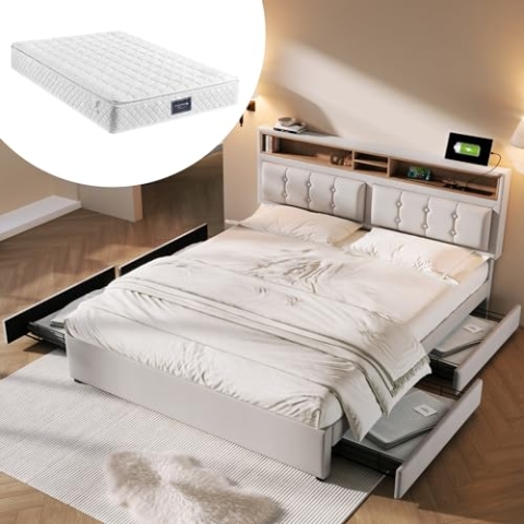 OKYION Polsterbett Doppelbett 140x200cm mit 4 Schubladen, USB und Type-C Steckdose Ladefunktion, Stauraumbetten Bettgestell(Mit Matratze), Beige