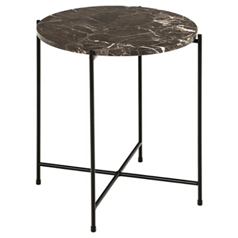 AC Design Furniture Agnar Runder Beistelltisch mit Poliertem Echtem Türkischem Marmor in Braun und Schwarzem Metallsockel, Ø: 42 x H: 45 cm, Kleiner Lampentisch mit Echtem Marmor, Brauner Akzenttisch