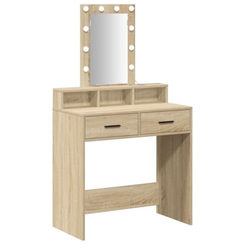 vidaXL Moderne Sonoma Eiche Waschbecken Einheit mit Spiegel und LED-Beleuchtung für innen mit 3 Aufbewahrungsschubladen für Schlafzimmer und Badezimmer