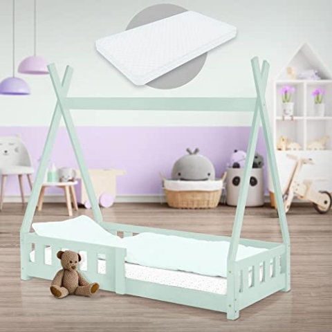 ML-Design Kinderbett Tipi 70x140 cm Mint mit Matratze, Rausfallschutz und Lattenrost, aus Kiefernholz, Indianer Bett Massivholz für Mädchen & Jungen, Hausbett mit Zaun, Jugendbett Spielbett Holzbett