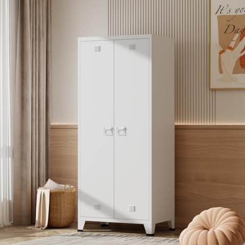 [en.casa] Kleiderschrank Hankasalmi 2 türig mit Kleiderstange Schlafzimmerschrank Metall Weiß Garderobenschrank mit 3 Ablagen 180 x 90 x 40 cm