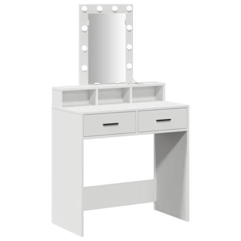 vidaXL Moderner weißer Schminktisch mit integriertem Spiegel und Hollywoodlichtern | Stauraum mit schwebenden Regalen für Beauty-Essentials Ideal für Schlafzimmermöbel Grooming MDF Dressing