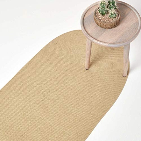 Homescapes ovaler Teppichläufer 66 x 200 cm, Natur, geflochtener Läufer aus Baumwolle, Wendeteppich, handgewebter Retro-Teppich, beige