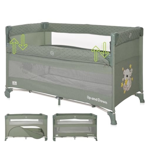 Lorelli 3 in 1 Babybett, Beistellbett und Laufstall Up and Down, Kinderbett mit 2 Ebenen, Seiteneingang und Faltbarer Seitenwand, Baby Reisebett, grün