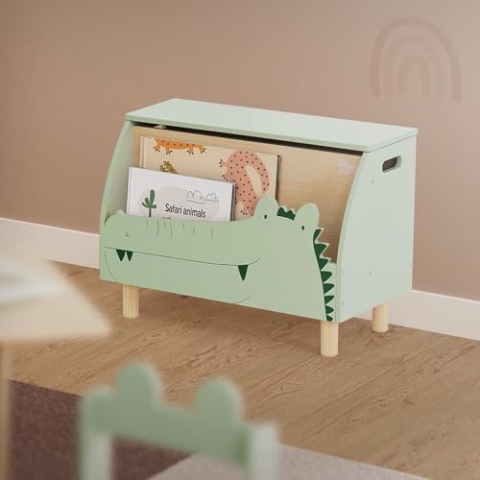 Joyz Kinderregal mit offener Ablage und Kiste, Krokodil-Design, 60x30x44 cm, Bücherregal Holz, Spielzeugregal, Spielzeugkiste mit Deckel für Bücher und Spielzeug, Aufbewahrungsregal für Kinderzimmer