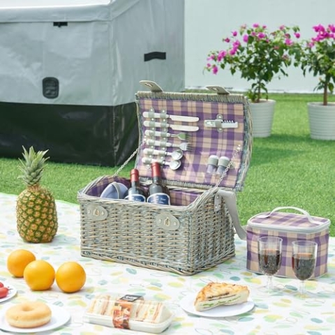 casa.pro Picknickkorb Folldal Komplettset für 2 Personen mit Kühltasche Weidenkorb Picknickset aus Geschirr Gläser Besteck Picknickkoffer 40 x 28 x 25 cm Lila/Beige